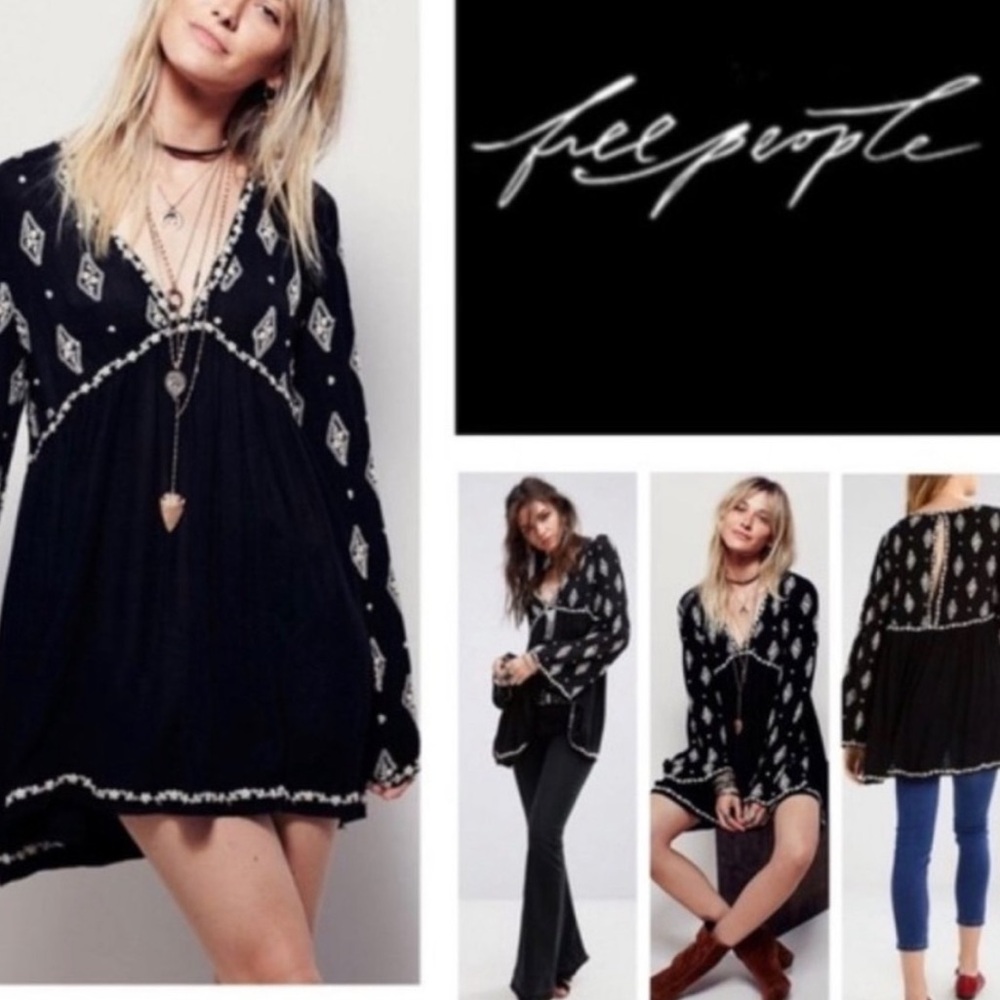Free People Black and white Diamond Embroidered Tunic Boho Dress Size XS